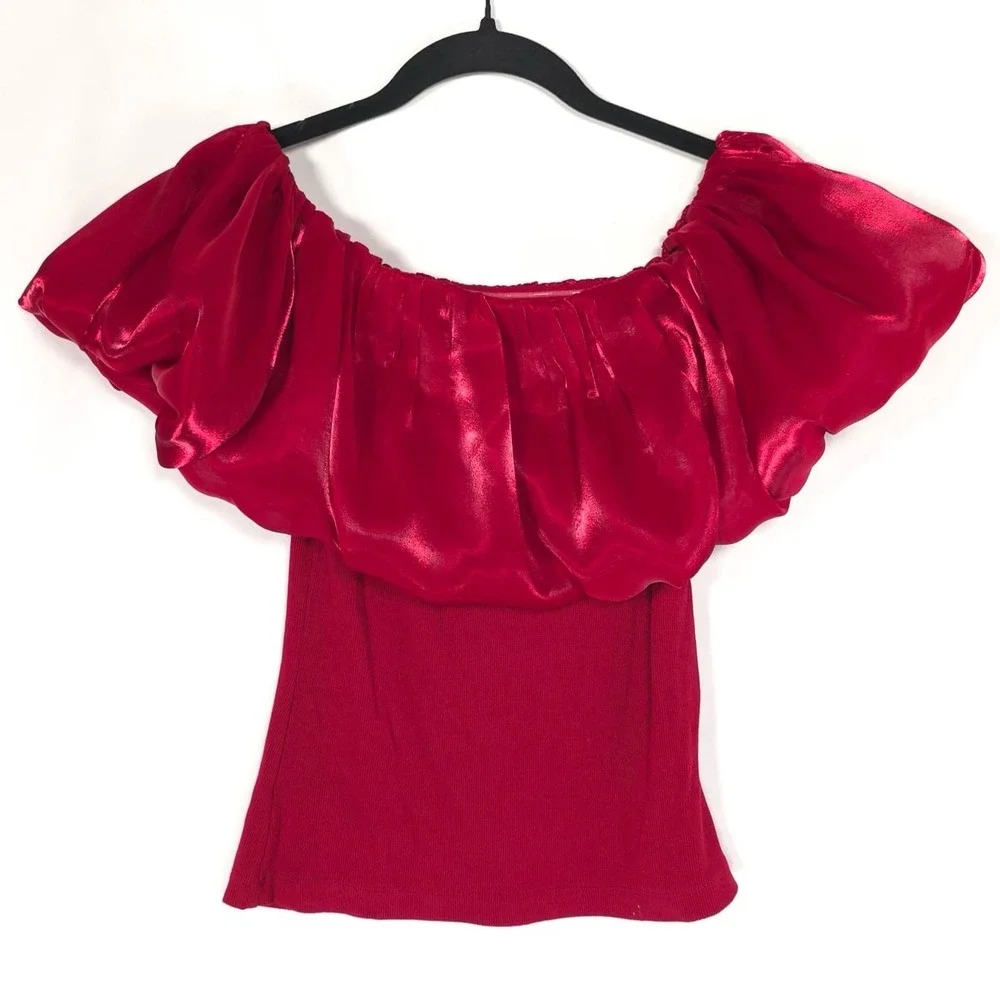 ANTHROPOLOGIE Blnk LONDON New Flattering OffShoulder SMALL Bubble Top Blouse Red - Picture 10 of 15